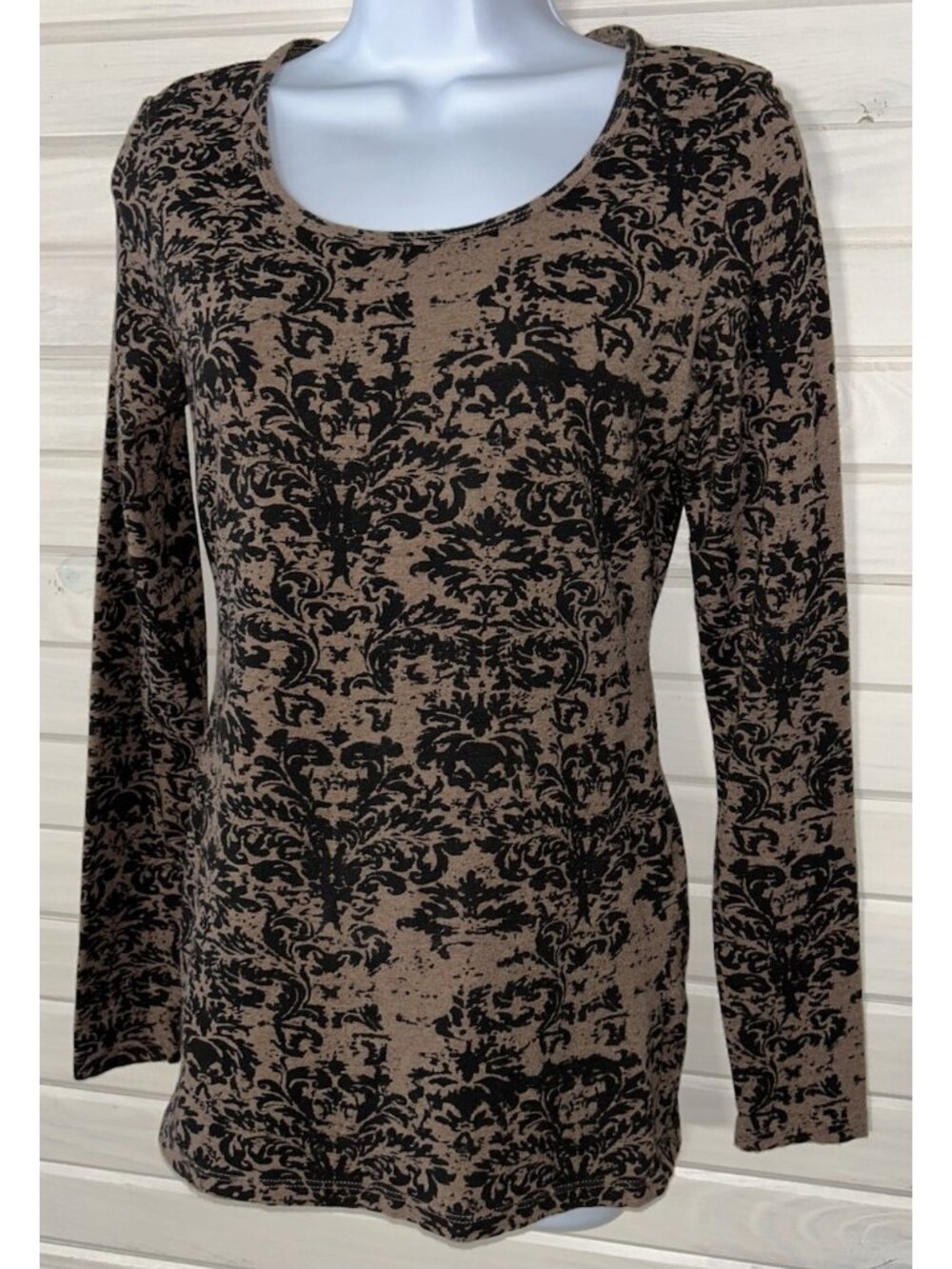Peruvian Connection Sz XS Brocade Tee Top L/S Brown Pima Cotton Stretch EUC